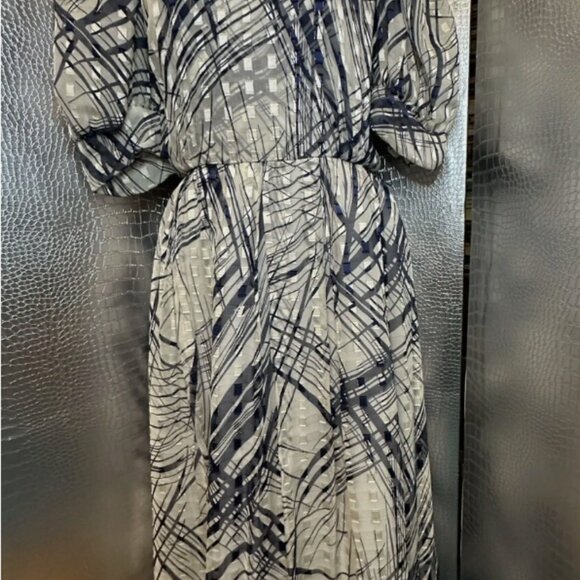 1970s Vintage Mignon Paris Chiffon Dress Women 10 Blue White Abstract Pattern - Picture 2 of 10